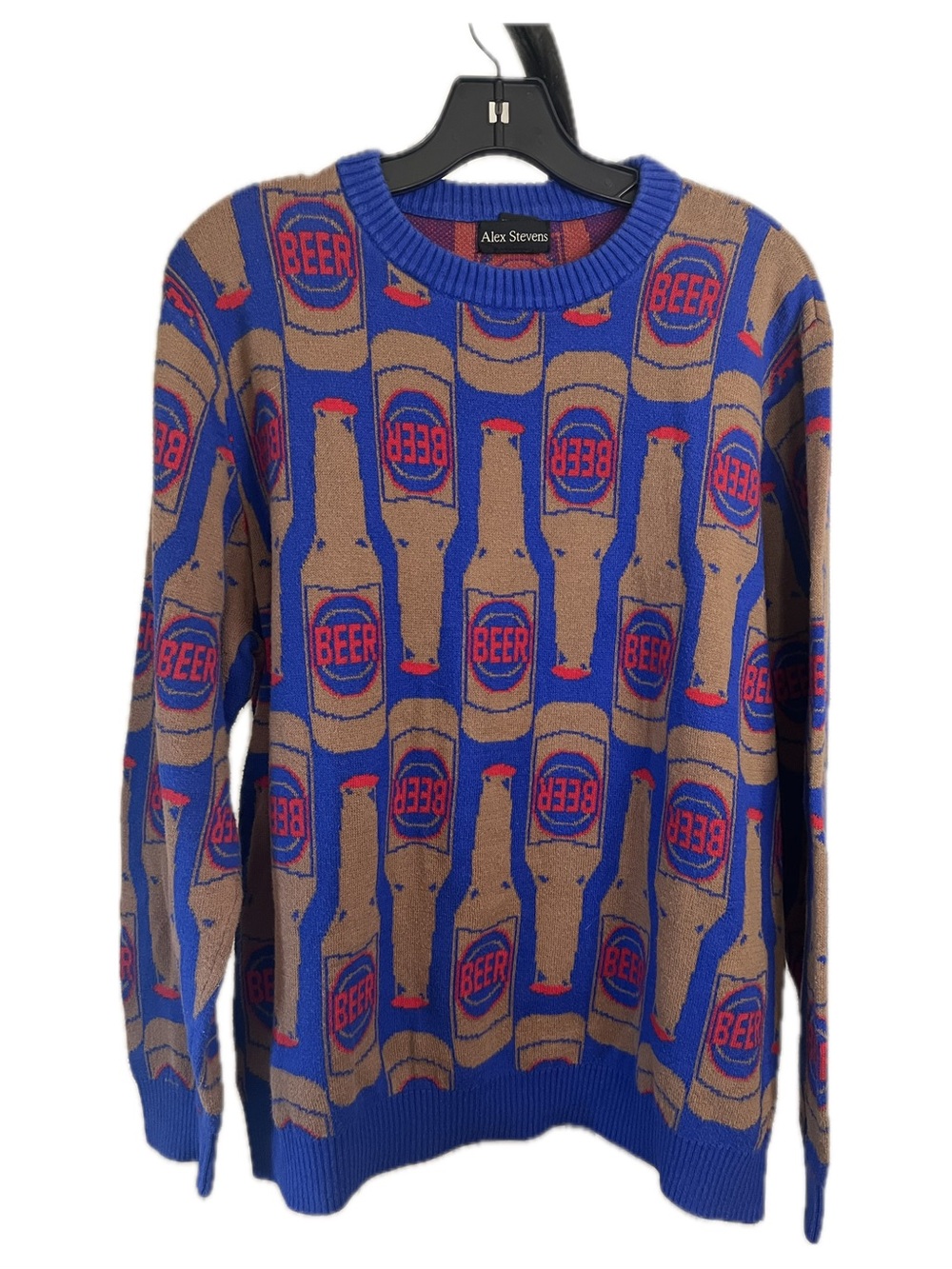 Vintage 90’s Alex Stevens Men’s Blue Brown red Crewneck Sweater w/Beer Motif